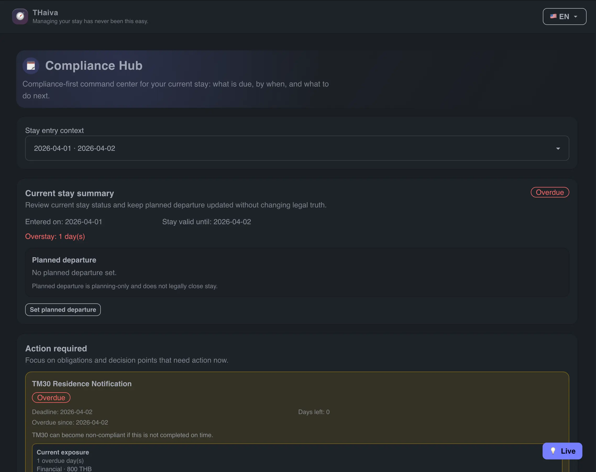 THaiva compliance hub actions and risk preview