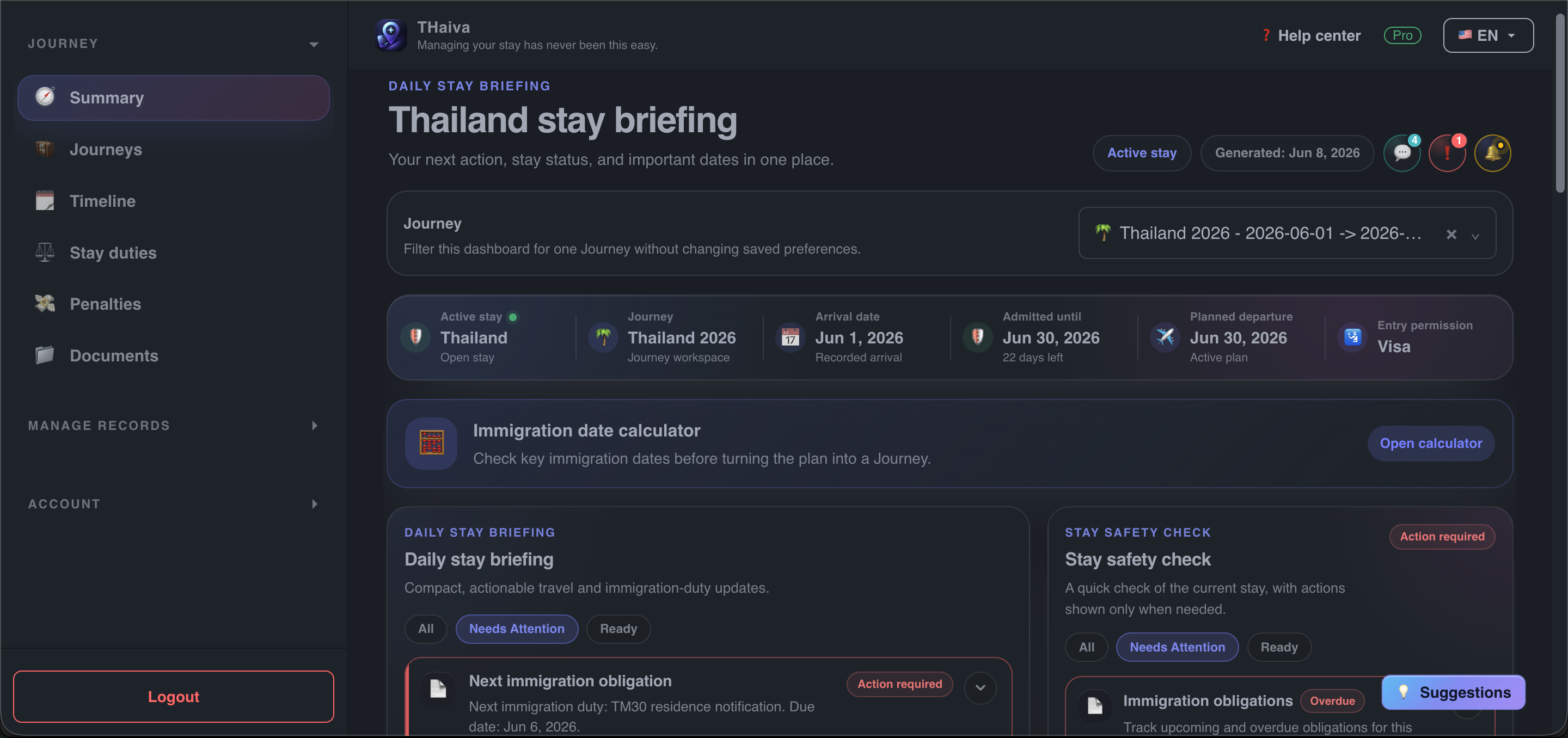 THaiva dashboard with upcoming immigration matters in Thailand