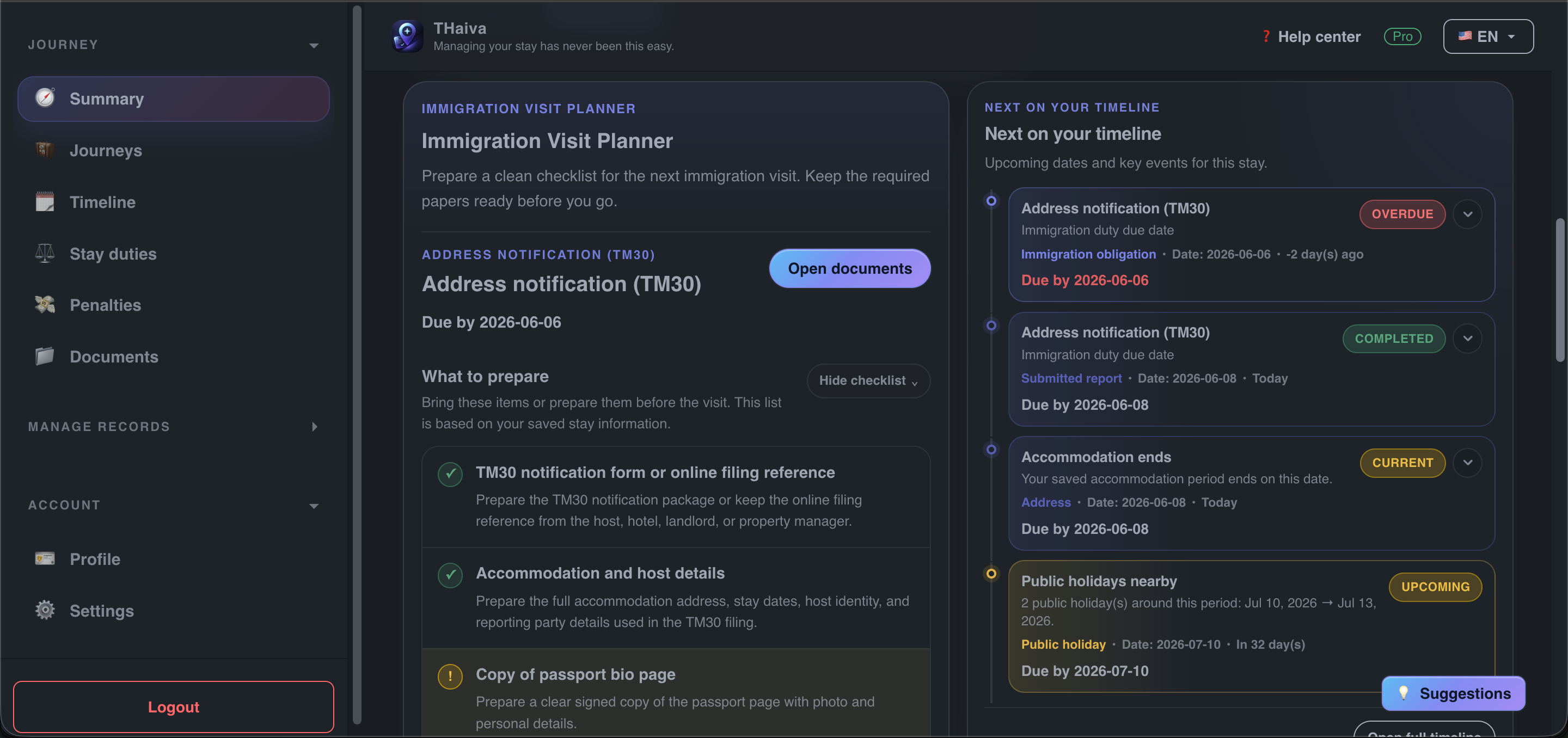 Immigration office visit planner in the THaiva app