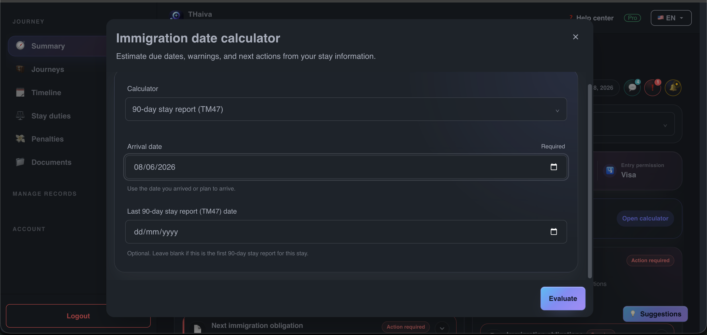 Deadline and stay scenario calculator for Thailand