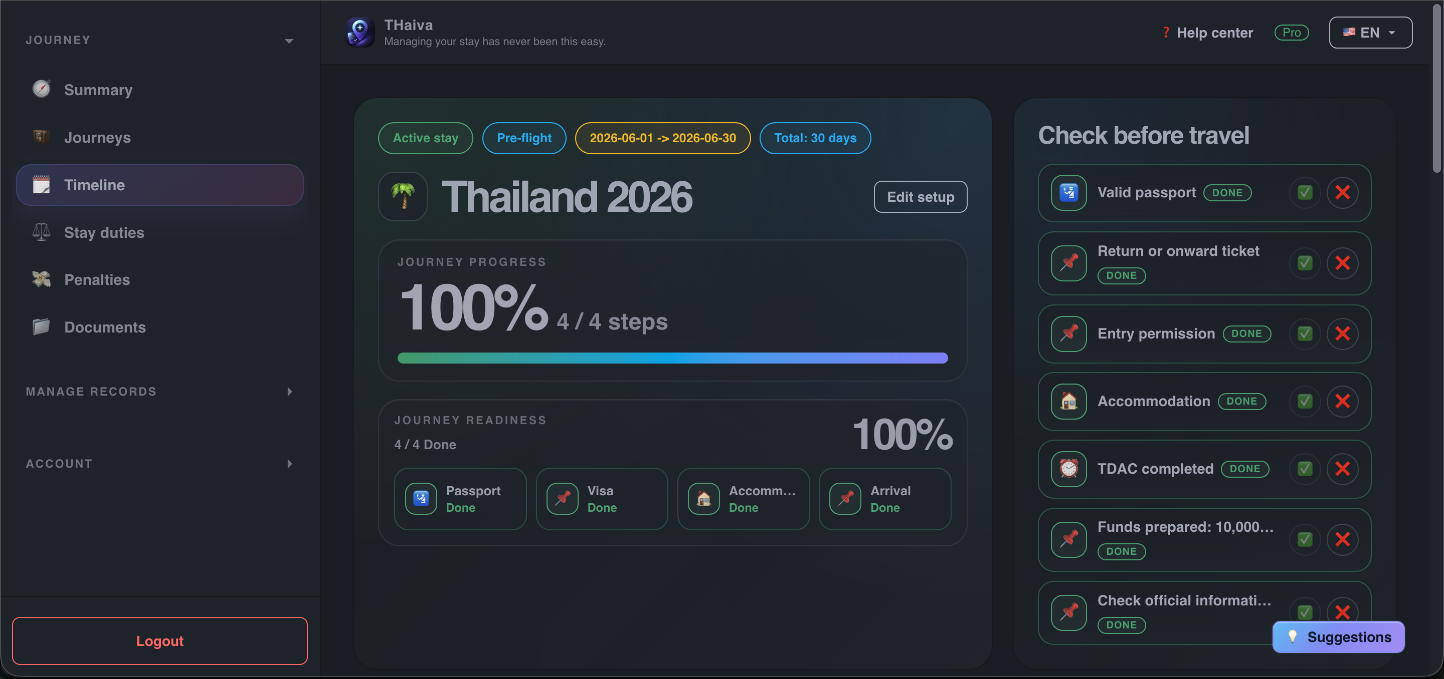 Pre-travel task list and document preparation in THaiva