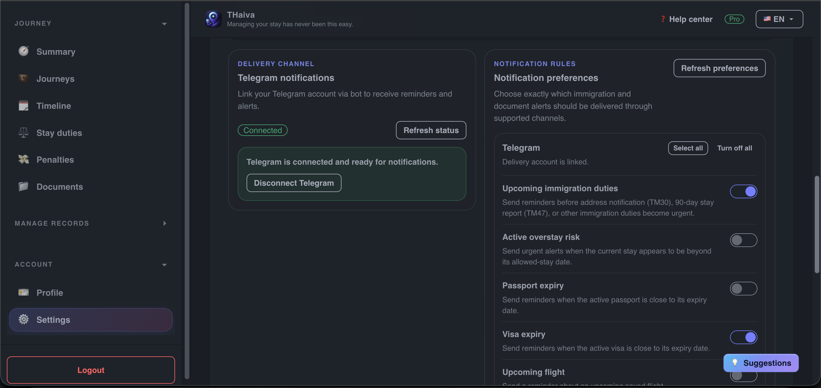 Notification settings for stay deadlines in THaiva